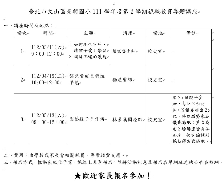 111-2親職教育各場次時間表